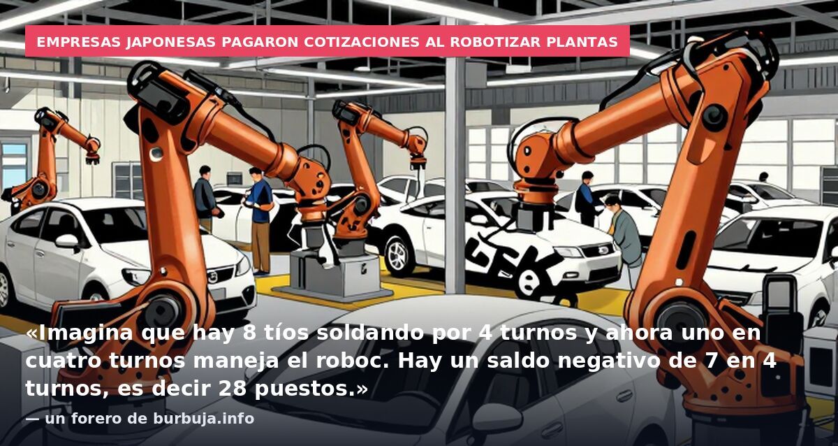 Empresas japonesas pagaron cotizaciones al robotizar plantas: «Imagina que hay 8 tíos soldando por 4 turnos y ahora uno en cuatro turnos maneja el roboc. Hay un saldo negativo de 7 en 4 turnos, es decir 28 puestos.» — un forero de burbuja.info