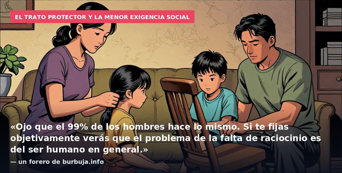 El trato protector y la menor exigencia social: «Ojo que el 99% de los hombres hace lo mismo. Si te fijas objetivamente verás que el problema de la falta de raciocinio es del ser humano en general.» — un forero de burbuja.info