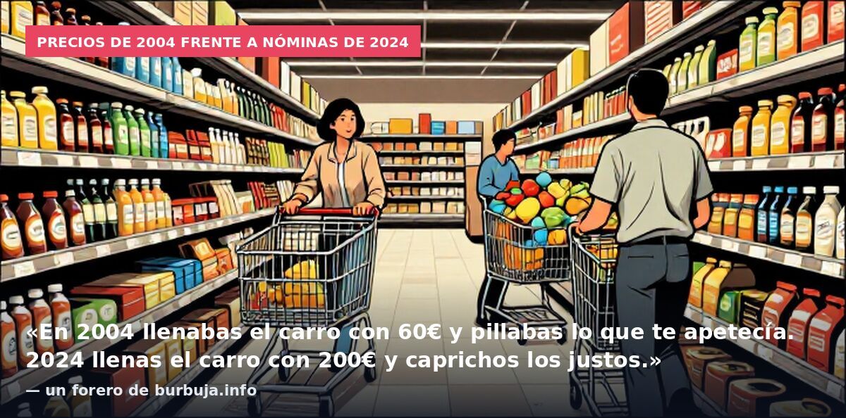 Precios de 2004 frente a nóminas de 2024: «En 2004 llenabas el carro con 60€ y pillabas lo que te apetecía. 2024 llenas el carro con 200€ y caprichos los justos.» — un forero de burbuja.info