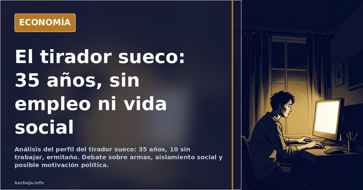 Ilustración editorial del tirador sueco: hombre de 35 años, solitario, con rifles, simbolizando aislamiento y acceso a armas