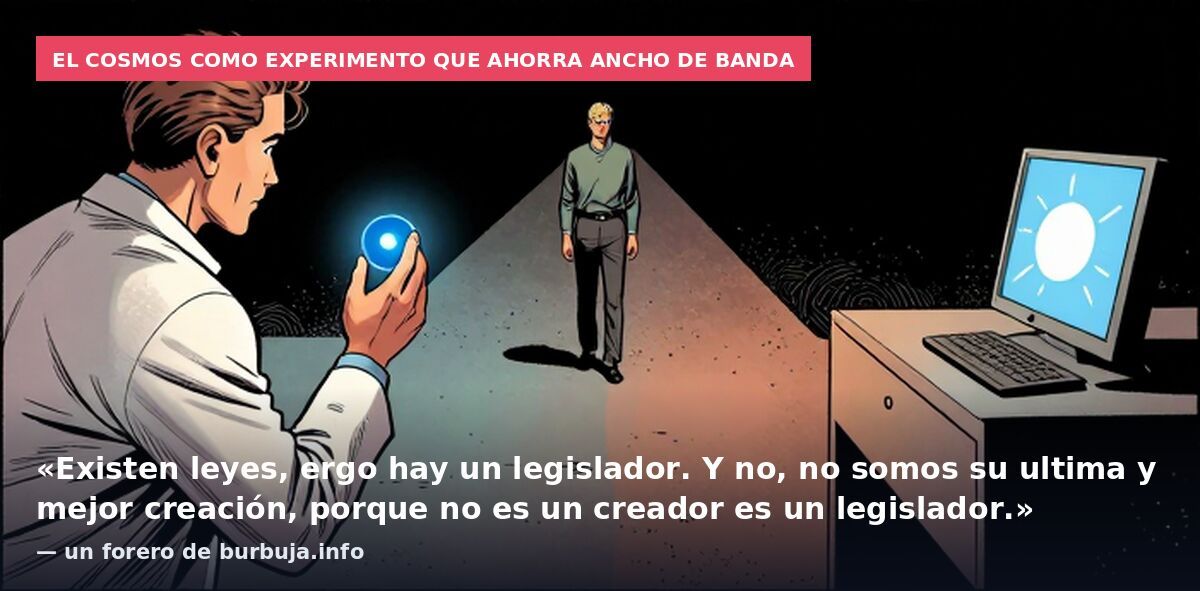 El cosmos como experimento que ahorra ancho de banda: «Existen leyes, ergo hay un legislador. Y no, no somos su ultima y mejor creación, porque no es un creador es un legislador.» — un forero de burbuja.info