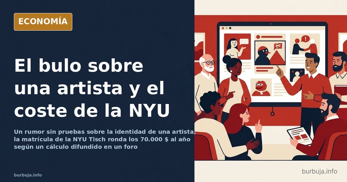 Ilustración de una figura artística junto a un cartel con la matrícula anual de la NYU Tisch y el bulo sobre la identidad de 
