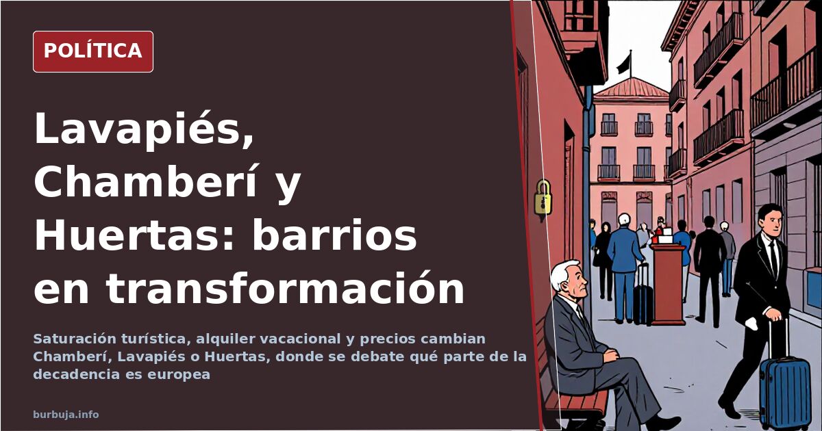 Calle céntrica de Madrid con aceras anchas, bares y turistas en un barrio en pleno proceso de cambio urbano