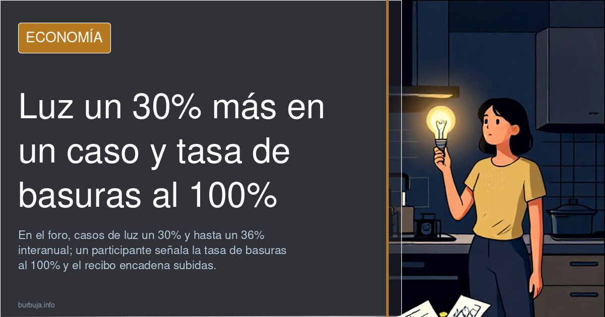 Facturas de luz y gas apiladas sobre una mesa junto a un recibo de la tasa de basuras, con gráficos de subida de precios al f
