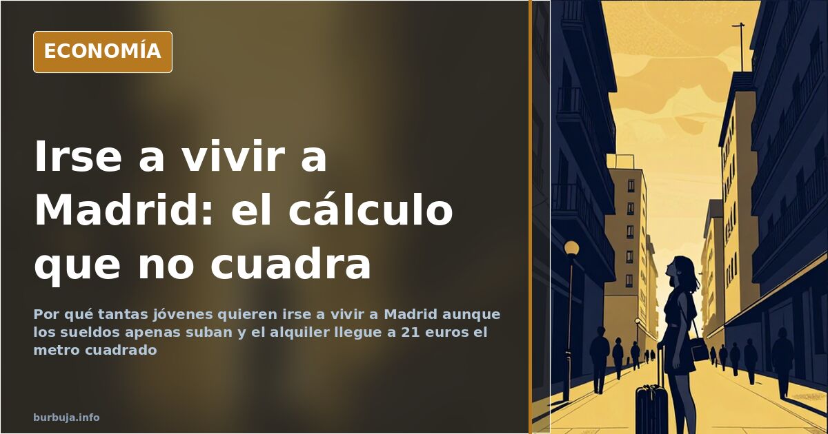 Ilustración editorial de una joven con maleta frente al perfil de una gran ciudad, símbolo de la migración interior hacia Mad