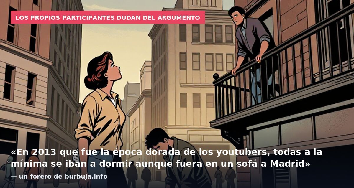 Los propios participantes dudan del argumento: «En 2013 que fue la época dorada de los youtubers, todas a la mínima se iban a dormir aunque fuera en un sofá a Madrid» — un forero de burbuja.info