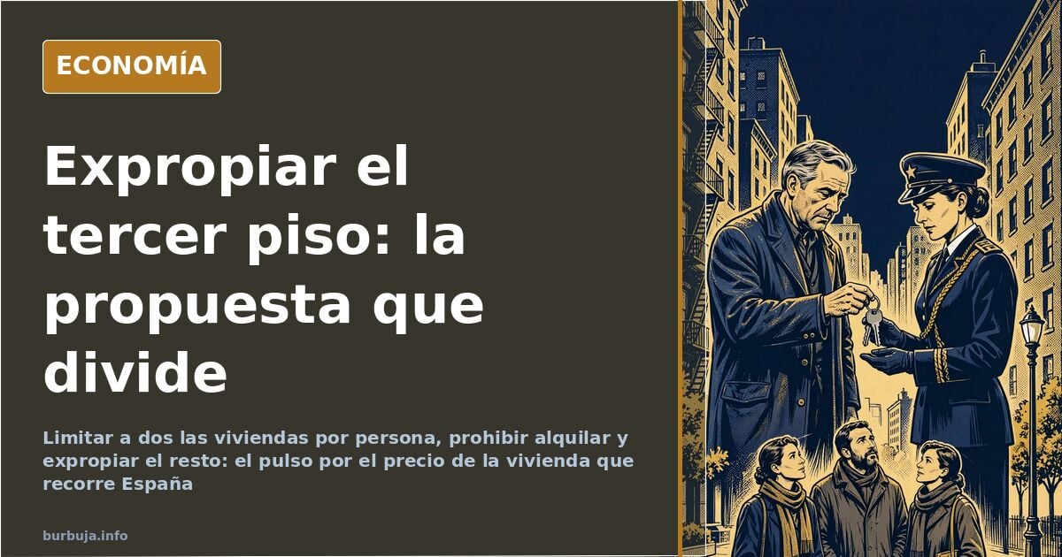 Ilustración editorial de una hilera de bloques de viviendas con una sola puerta marcada en dorado, símbolo del debate sobre e