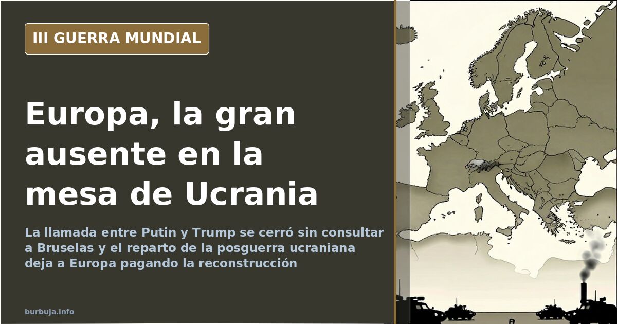Bandera de la Unión Europea sobre un mapa de Ucrania con siluetas de equipo militar y humo lejano en el horizonte