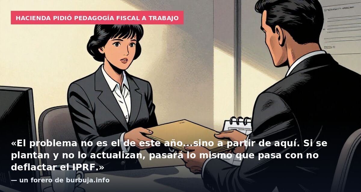 Hacienda pidió pedagogía fiscal a Trabajo: «El problema no es el de este año...sino a partir de aquí. Si se plantan y no lo actualizan, pasará lo mismo que pasa con no deflactar el IPRF.» — un forero de burbuja.info