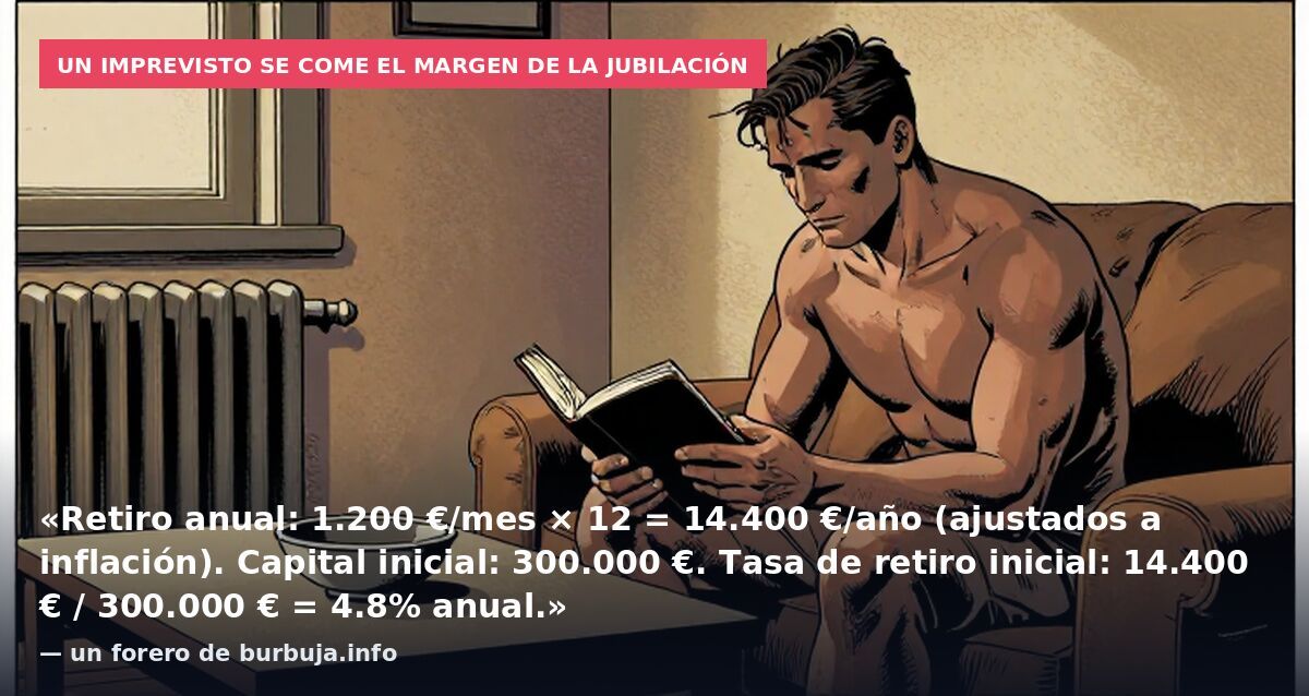 Un imprevisto se come el margen de la jubilación: «Retiro anual: 1.200 €/mes × 12 = 14.400 €/año (ajustados a inflación). Capital inicial: 300.000 €. Tasa de retiro inicial: 14.400 € / 300.000 € = 4.8% anual.» — un forero de burbuja.info