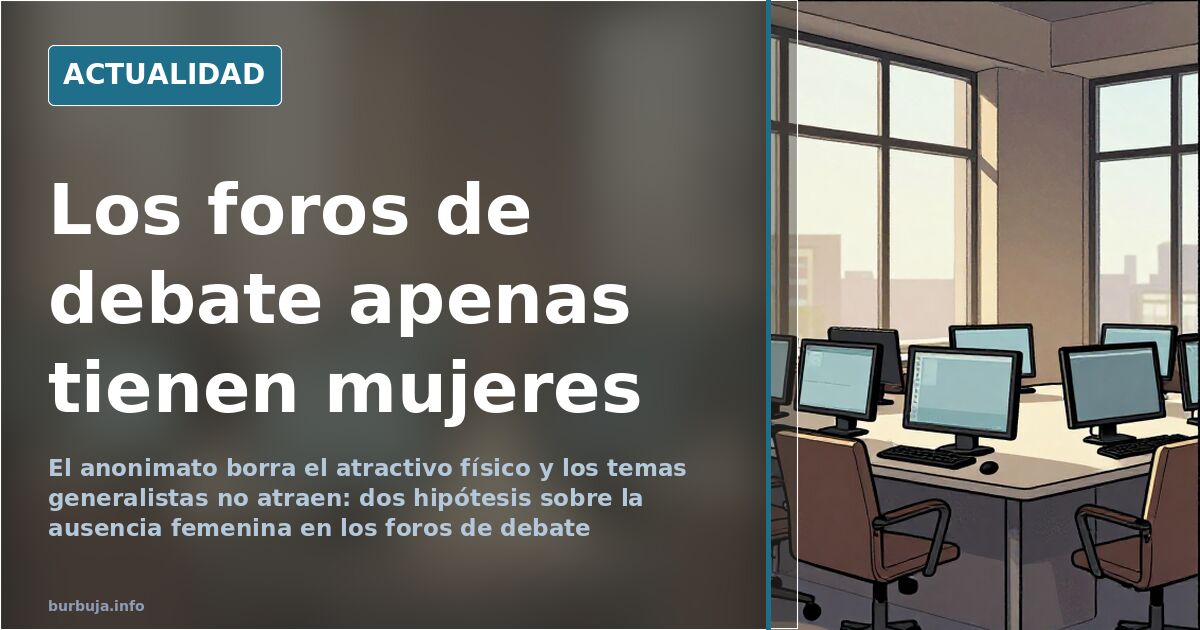 Sala de debate con sillas vacías y pantallas encendidas, ilustración editorial sobre la brecha de género en los foros