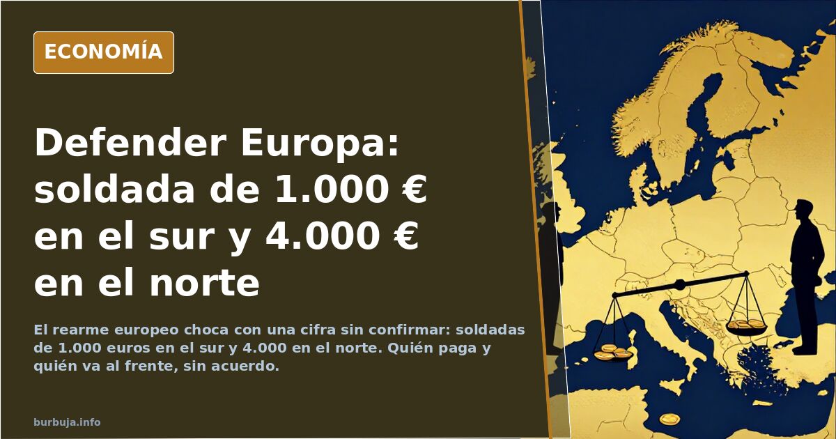 Ilustración editorial de soldados europeos desiguales ante un mapa del continente, símbolo del debate sobre el rearme europeo
