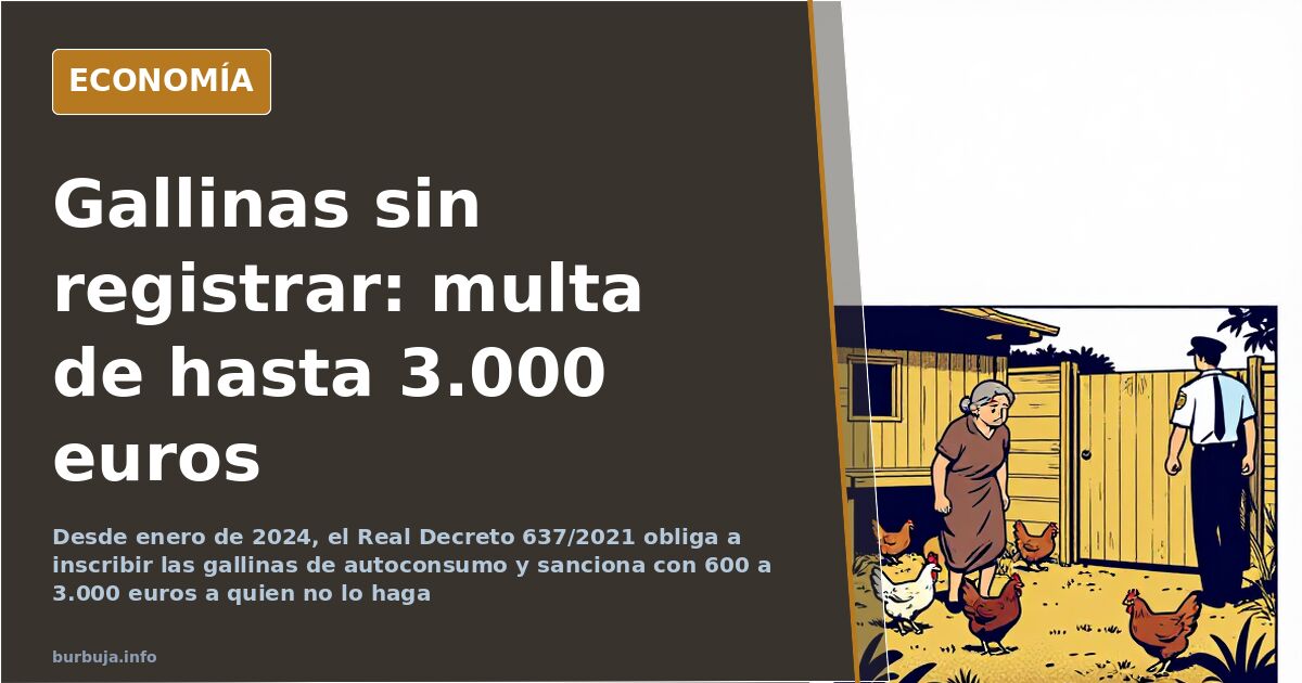 Ilustración editorial de un pequeño gallinero doméstico con gallinas de autoconsumo y un formulario de registro oficial sobre