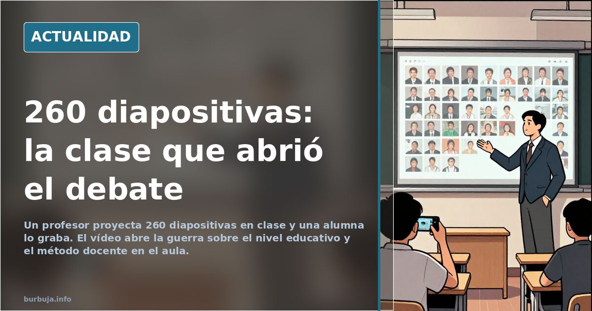 Aula universitaria con 260 diapositivas proyectadas y una alumna que graba su queja