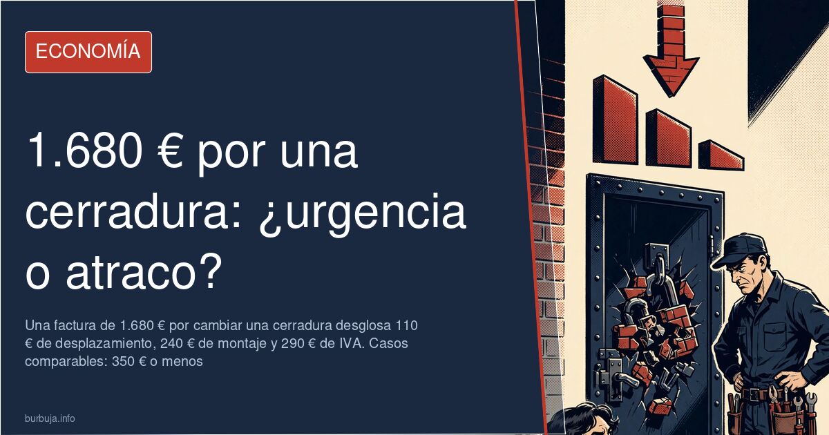 Primer plano de una cerradura y un bombín metálico en una puerta de vivienda junto a una factura de cerrajero de urgencia