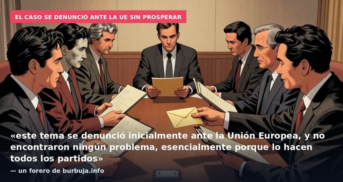 El caso se denunció ante la UE sin prosperar: «este tema se denunció inicialmente ante la Unión Europea, y no encontraron ningún problema, esencialmente porque lo hacen todos los partidos» — un forero de burbuja.info