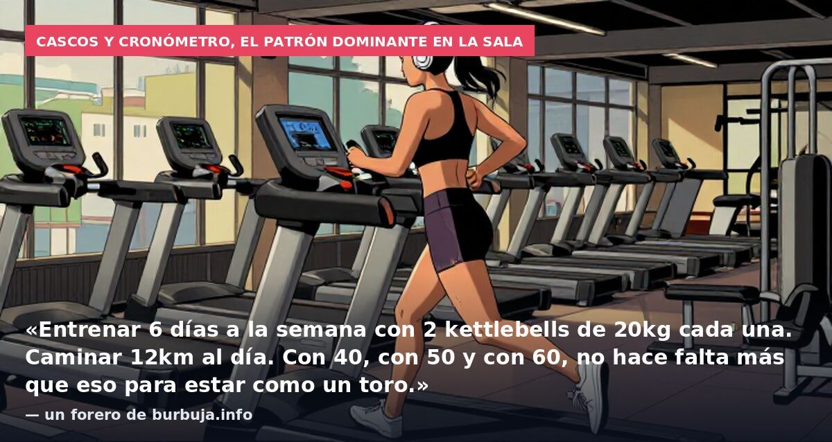 Cascos y cronómetro, el patrón dominante en la sala: «Entrenar 6 días a la semana con 2 kettlebells de 20kg cada una. Caminar 12km al día. Con 40, con 50 y con 60, no hace falta más que eso para estar como un toro.» — un forero de burbuja.info