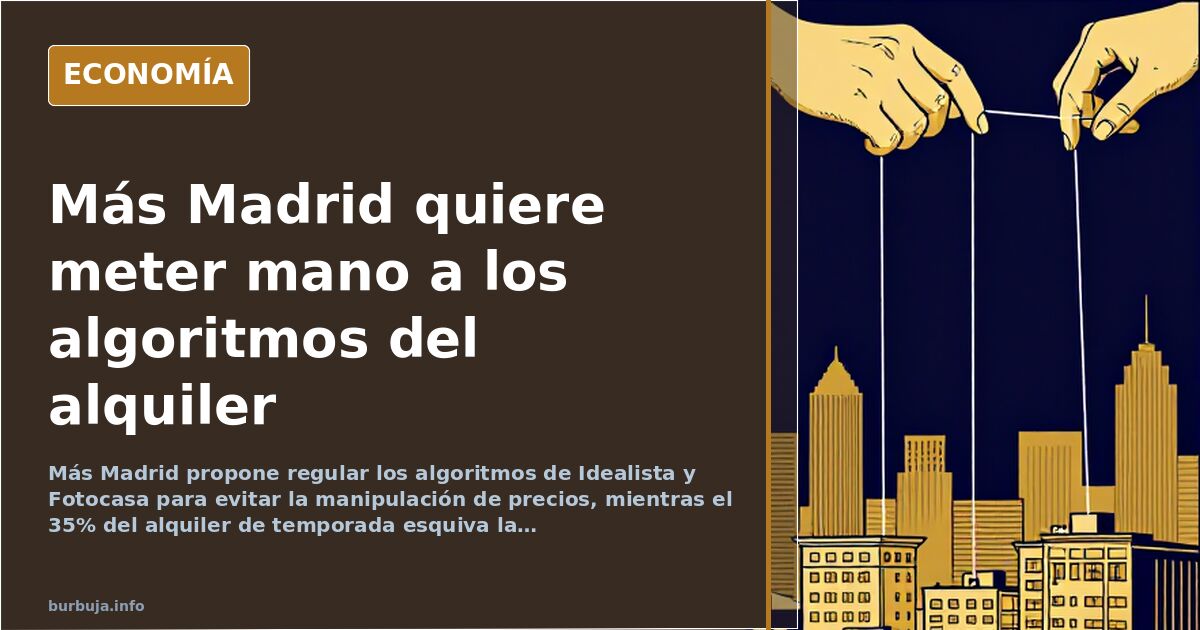 Edificios de viviendas frente a una pantalla con listados de anuncios de alquiler y precios ordenados por un algoritmo inmobi