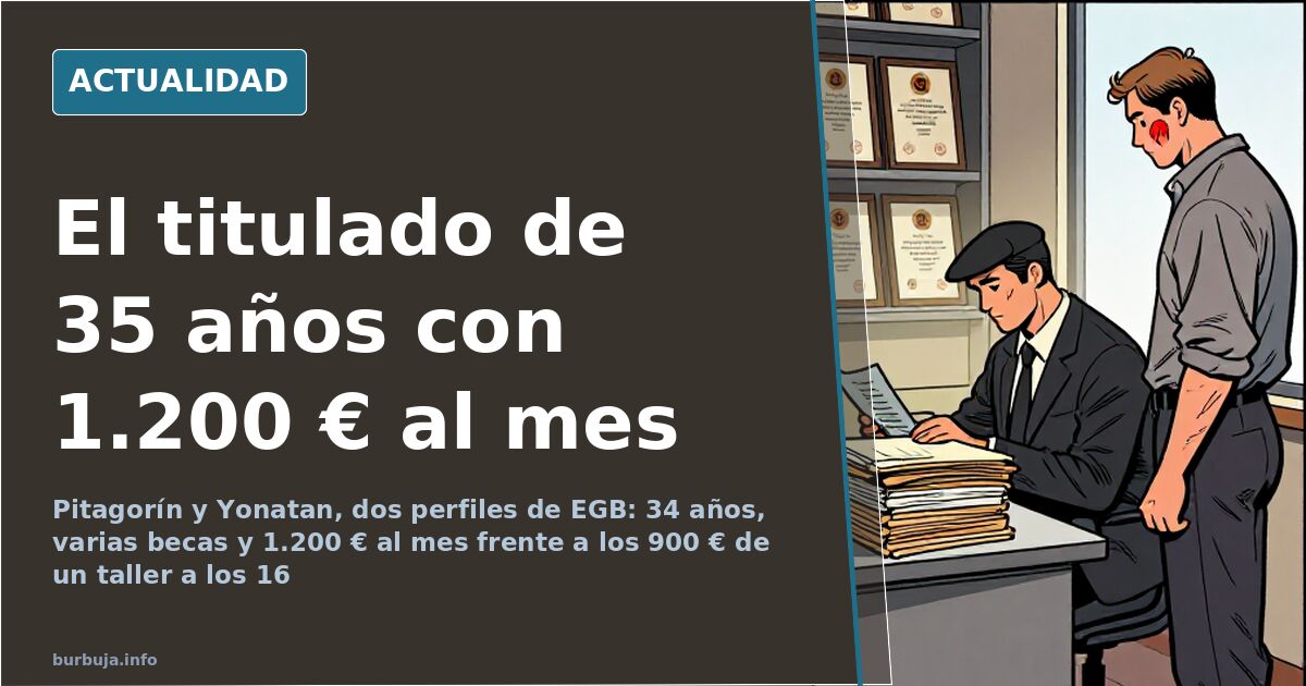 Dos hombres adultos en una oficina anodina comparando expedientes y diplomas enmarcados junto a la ventana