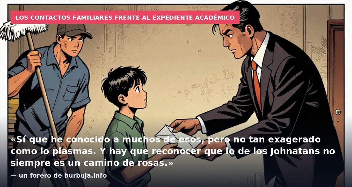 Los contactos familiares frente al expediente académico: «Sí que he conocido a muchos de esos, pero no tan exagerado como lo plasmas. Y hay que reconocer que lo de los Johnatans no siempre es un camino de rosas.» — un forero de burbuja.info
