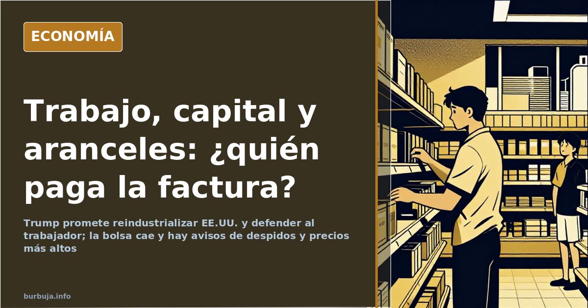 Ilustración editorial con siluetas de trabajadores ante una fábrica y gráficos bursátiles en descenso