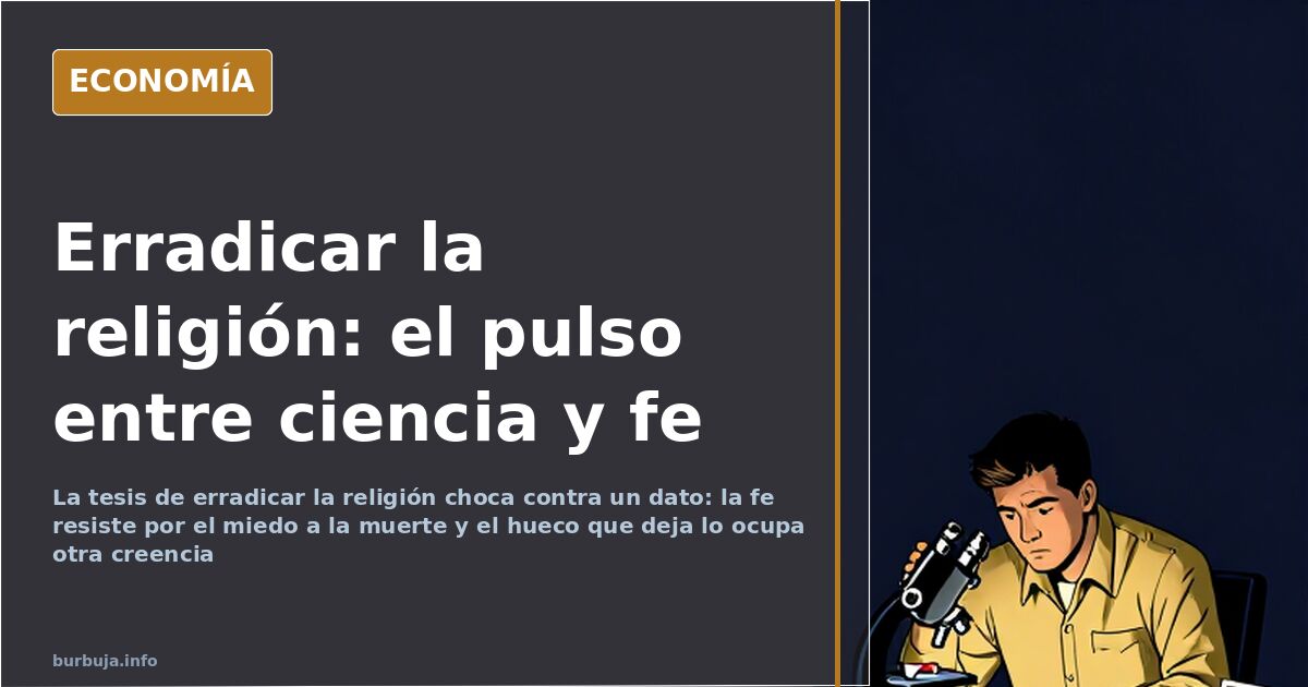Columnas clásicas partidas junto a una pantalla con gráficos, metáfora del pulso entre religión, herencia cultural y ciencia