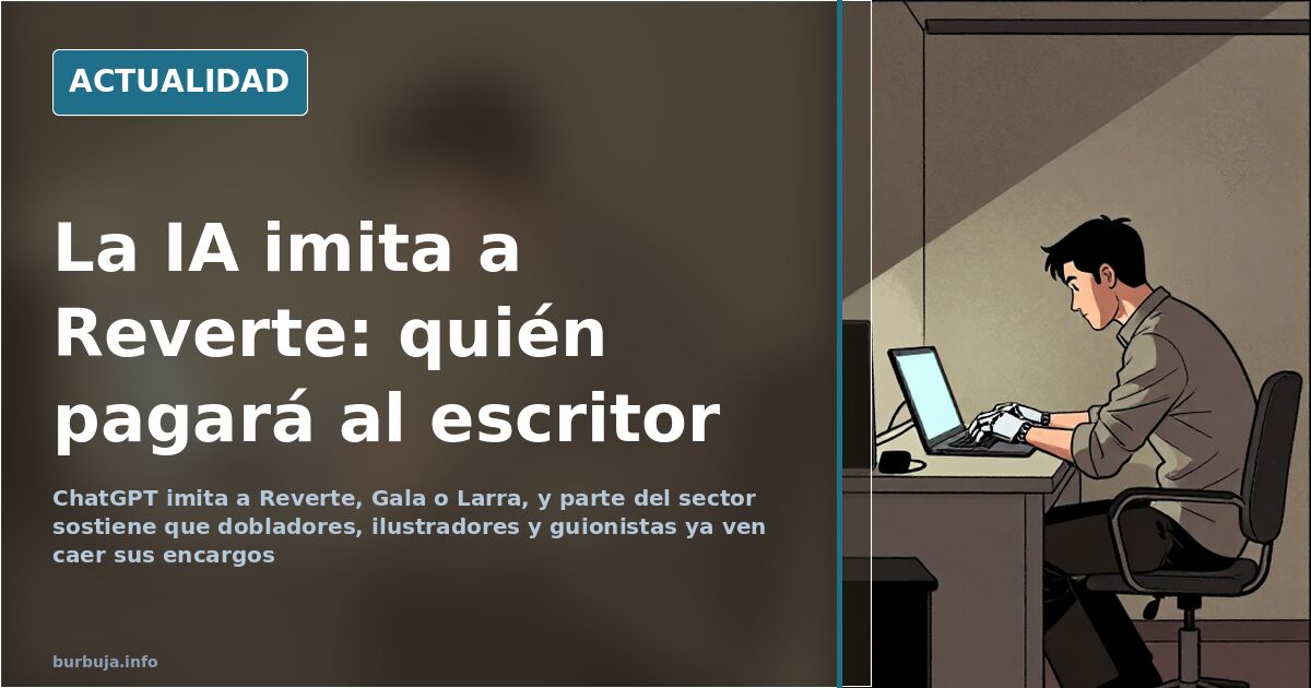 Ilustración editorial de una mesa de escritor con un portátil mostrando texto generado por IA junto a libros apilados