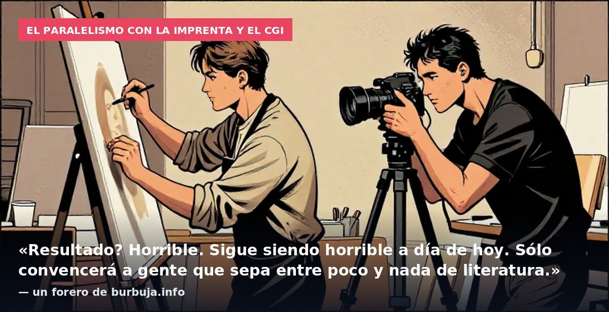 El paralelismo con la imprenta y el CGI: «Resultado? Horrible. Sigue siendo horrible a día de hoy. Sólo convencerá a gente que sepa entre poco y nada de literatura.» — un forero de burbuja.info