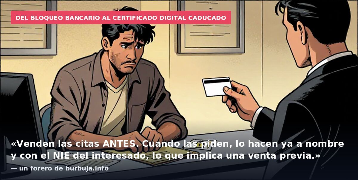 Del bloqueo bancario al certificado digital caducado: «Venden las citas ANTES. Cuando las piden, lo hacen ya a nombre y con el NIE del interesado, lo que implica una venta previa.» — un forero de burbuja.info