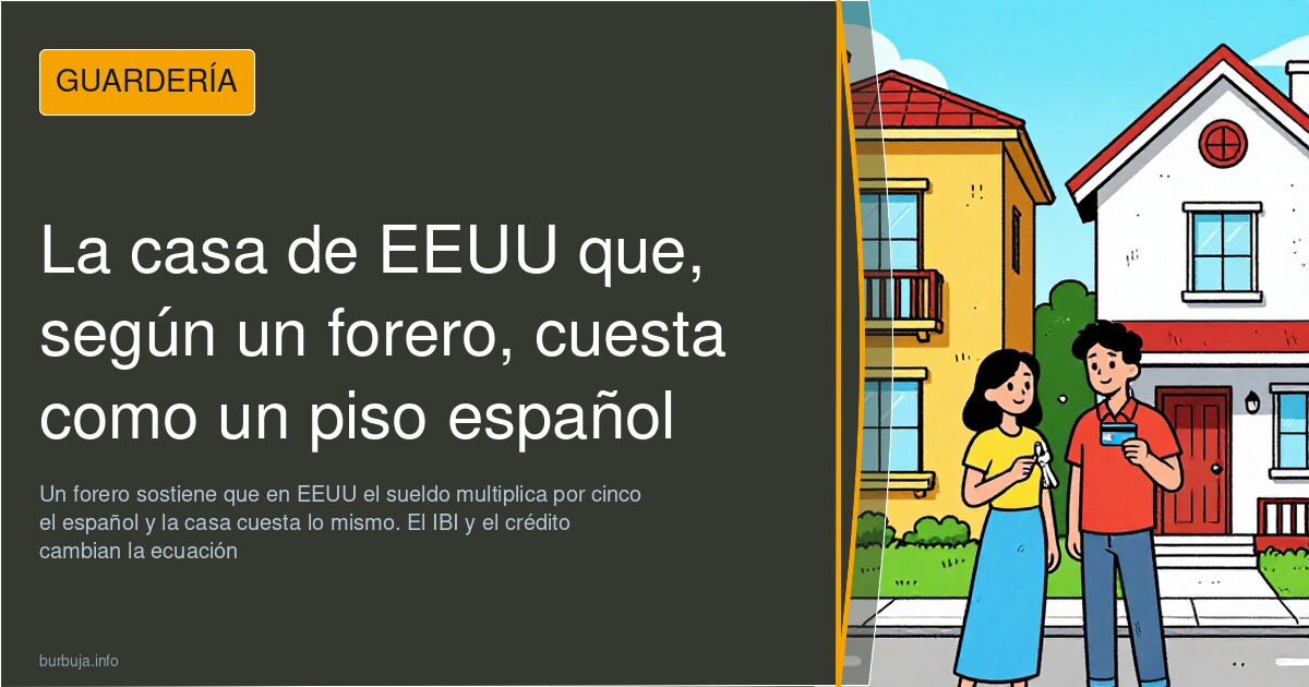 Ilustración de una casa unifamiliar de madera en Estados Unidos junto a un bloque de pisos español y una factura anual de IBI