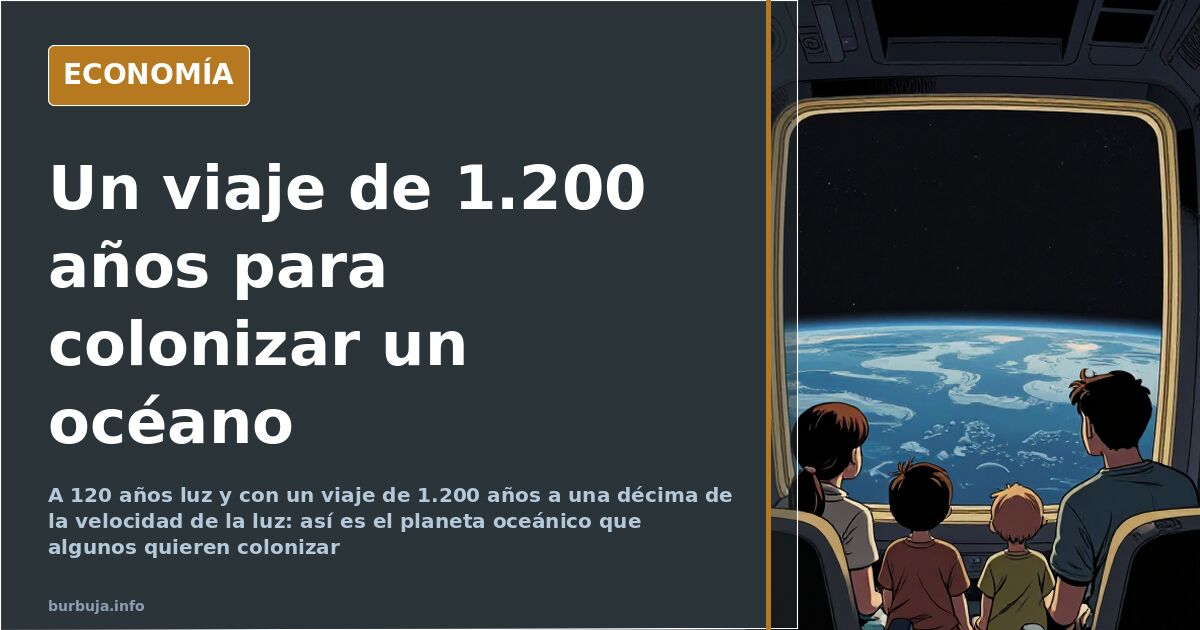 Ilustración de un exoplaneta oceánico cubierto de agua contemplado desde una nave generacional en ruta interestelar