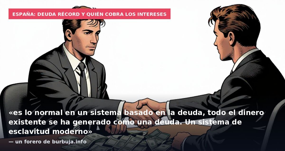 España: deuda récord y quién cobra los intereses: «es lo normal en un sistema basado en la deuda, todo el dinero existente se ha generado como una deuda. Un sistema de esclavitud moderno» — un forero de burbuja.info