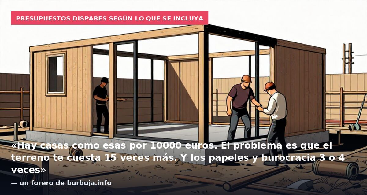 Presupuestos dispares según lo que se incluya: «Hay casas como esas por 10000 euros. El problema es que el terreno te cuesta 15 veces más. Y los papeles y burocracia 3 o 4 veces» — un forero de burbuja.info