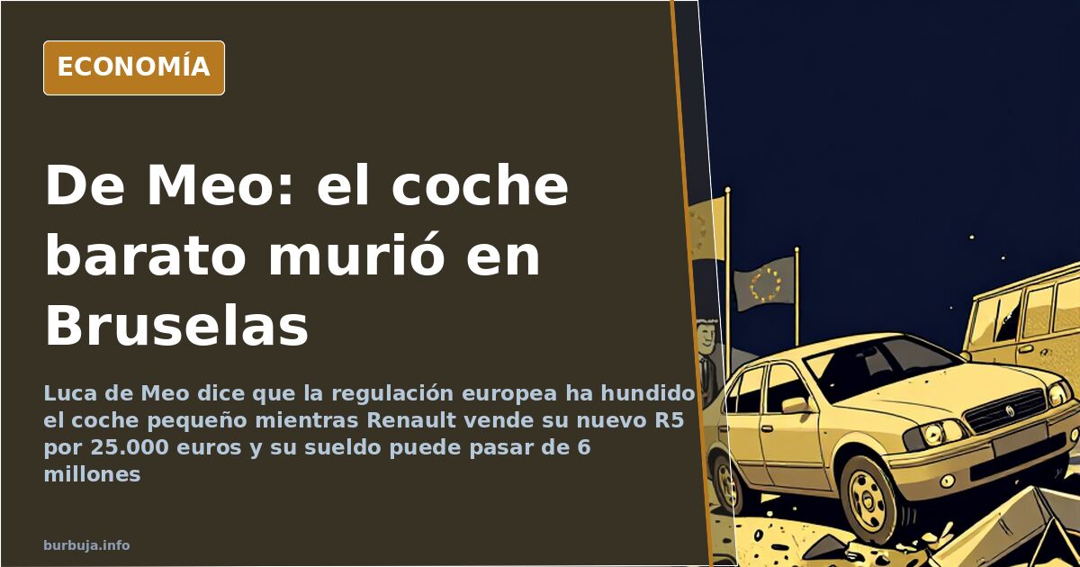 Ilustración editorial de un coche pequeño y barato aparcado frente a una maraña de normas europeas sobre ruedas