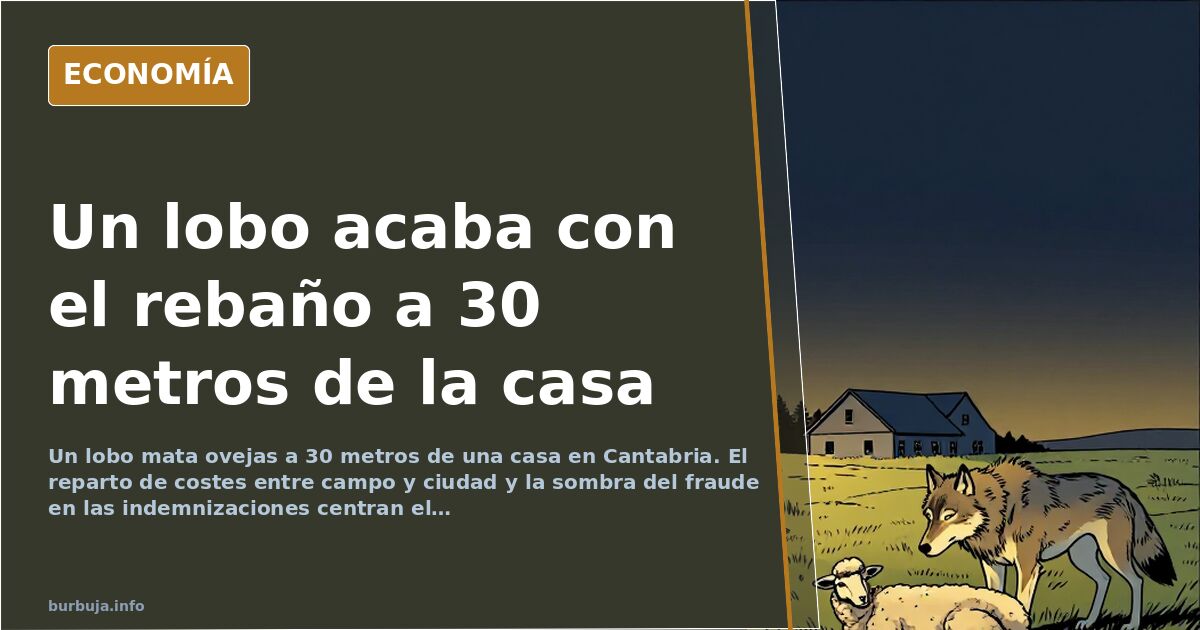Ilustración editorial de un rebaño de ovejas junto a un muro de piedra en un paisaje rural de Cantabria al anochecer