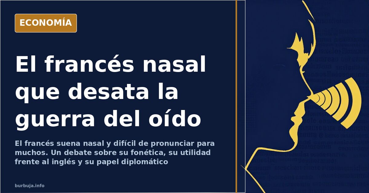 Ilustración editorial de la fonética nasal del francés con ondas sonoras sobre fondo azul marino y dorado