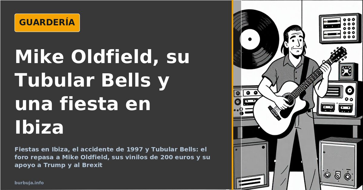 Ilustración cartoon de Mike Oldfield con guitarra eléctrica junto a cintas y sintetizadores de estudio