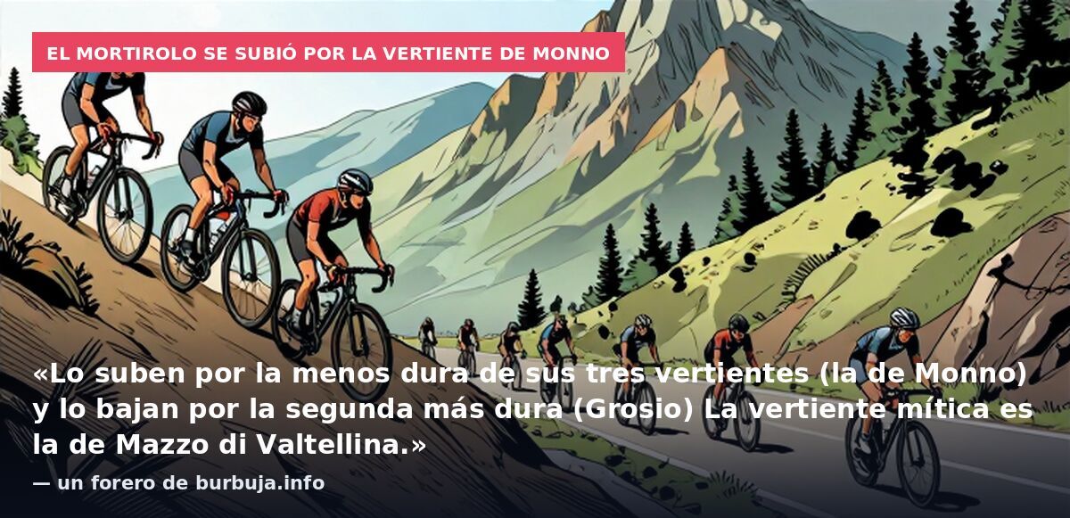 El Mortirolo se subió por la vertiente de Monno: «Lo suben por la menos dura de sus tres vertientes (la de Monno) y lo bajan por la segunda más dura (Grosio) La vertiente mítica es la de Mazzo di Valtellina.» — un forero de burbuja.info
