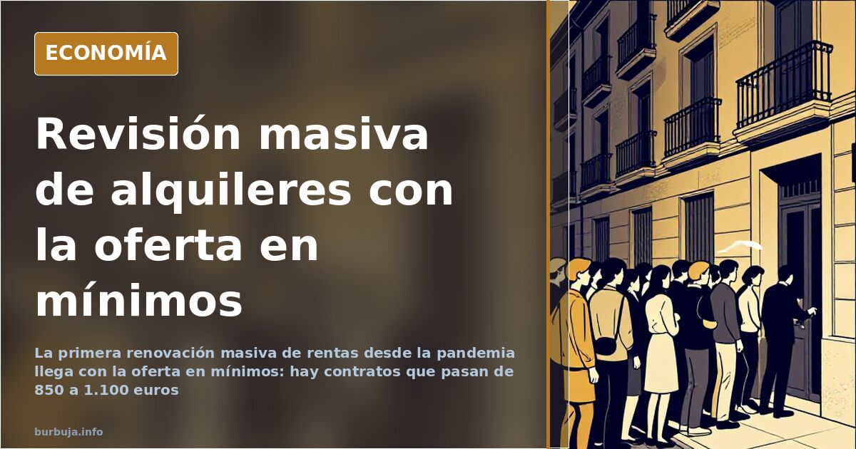 Bloques de viviendas urbanas con carteles de alquiler y gráficos de precios al alza en tonos azul marino y dorado