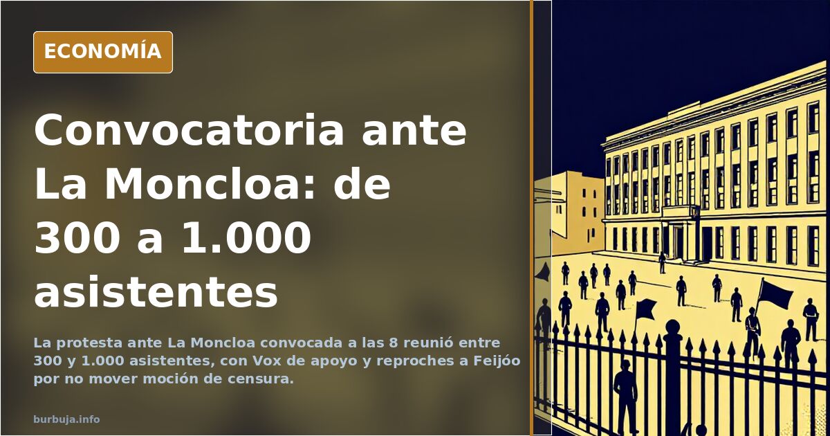 Concentración frente al complejo de La Moncloa con banderas de España y asistentes dispersos en una tarde laborable