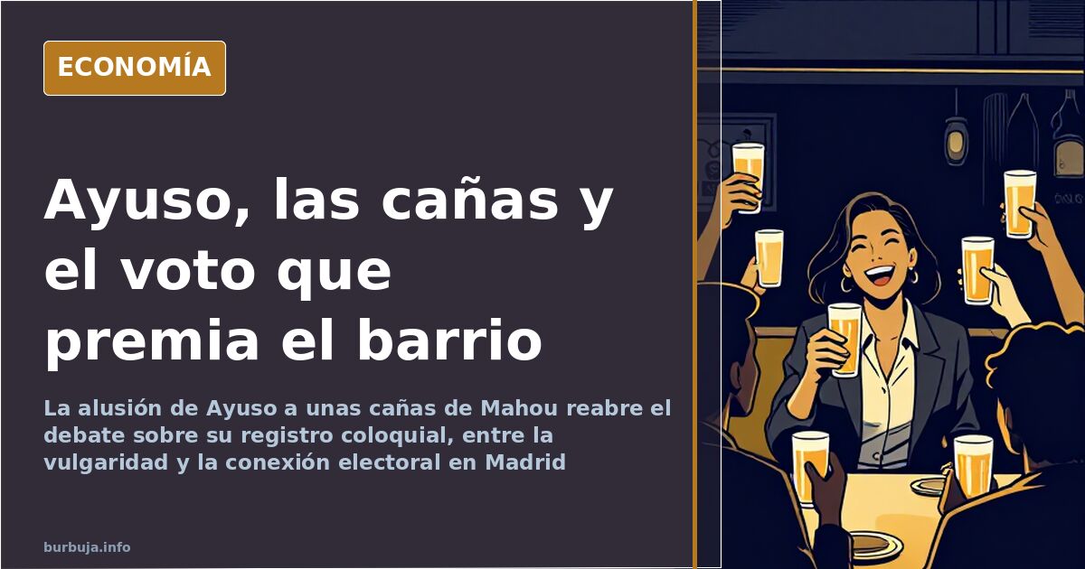 Ilustración de una barra de bar con cañas frente a un atril vacío, símbolo del estilo de comunicación de Ayuso en Madrid