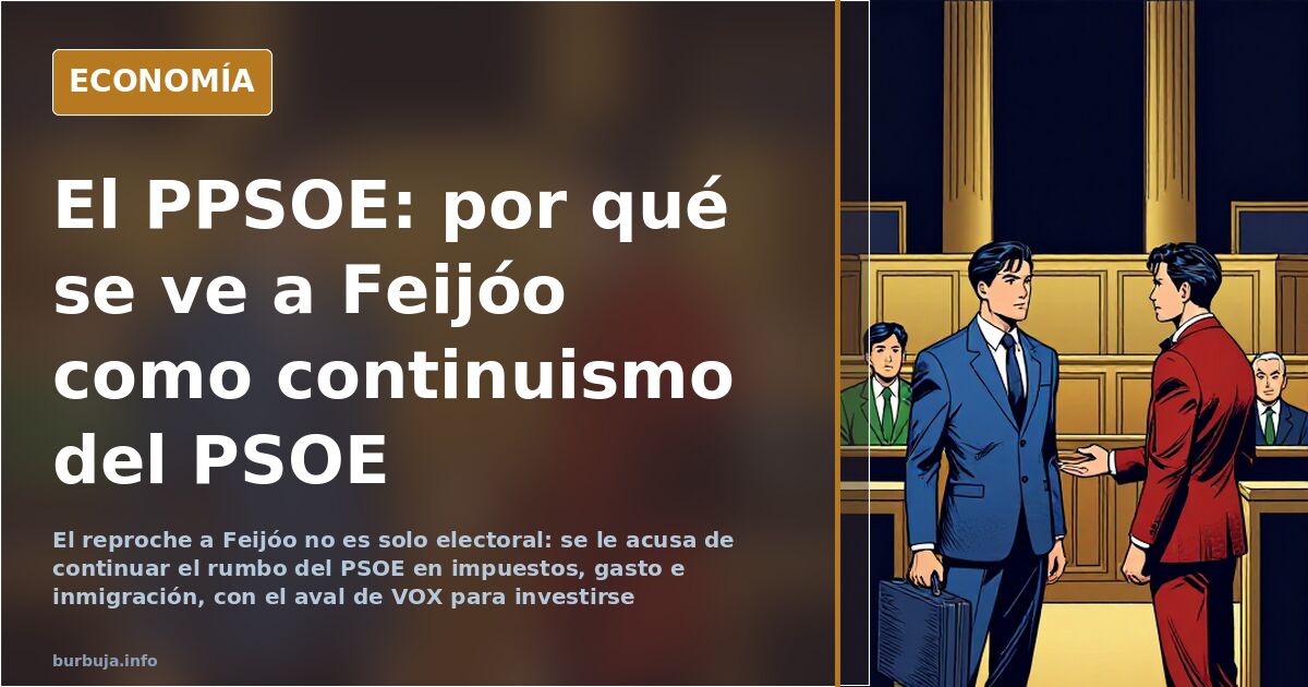 Ilustración editorial sobre el debate del PPSOE y la posible continuidad política de Feijóo respecto al PSOE en España