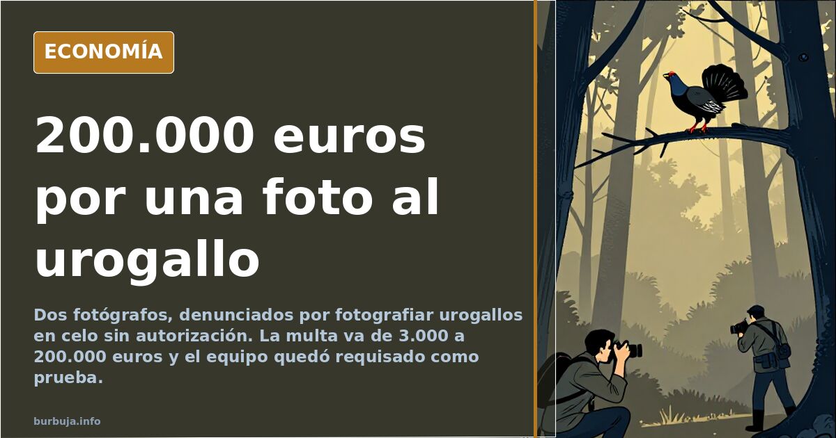 Ilustración editorial de un urogallo común sobre un fondo azul marino con detalles dorados y un objetivo fotográfico en prime
