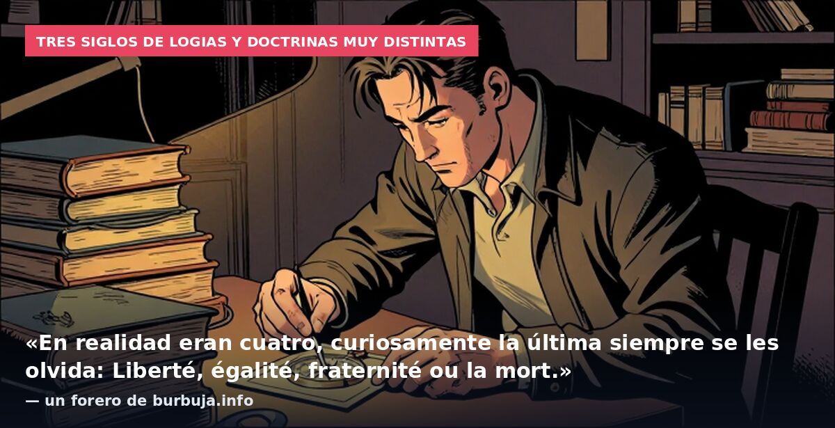 Tres siglos de logias y doctrinas muy distintas: «En realidad eran cuatro, curiosamente la última siempre se les olvida: Liberté, égalité, fraternité ou la mort.» — un forero de burbuja.info