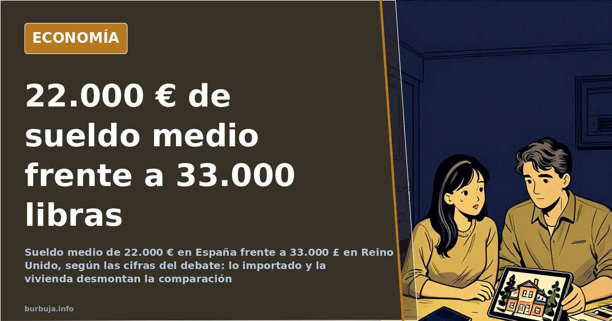 Cesta de la compra con productos británicos y españoles sobre una balanza que compara sueldo medio y coste de la vida