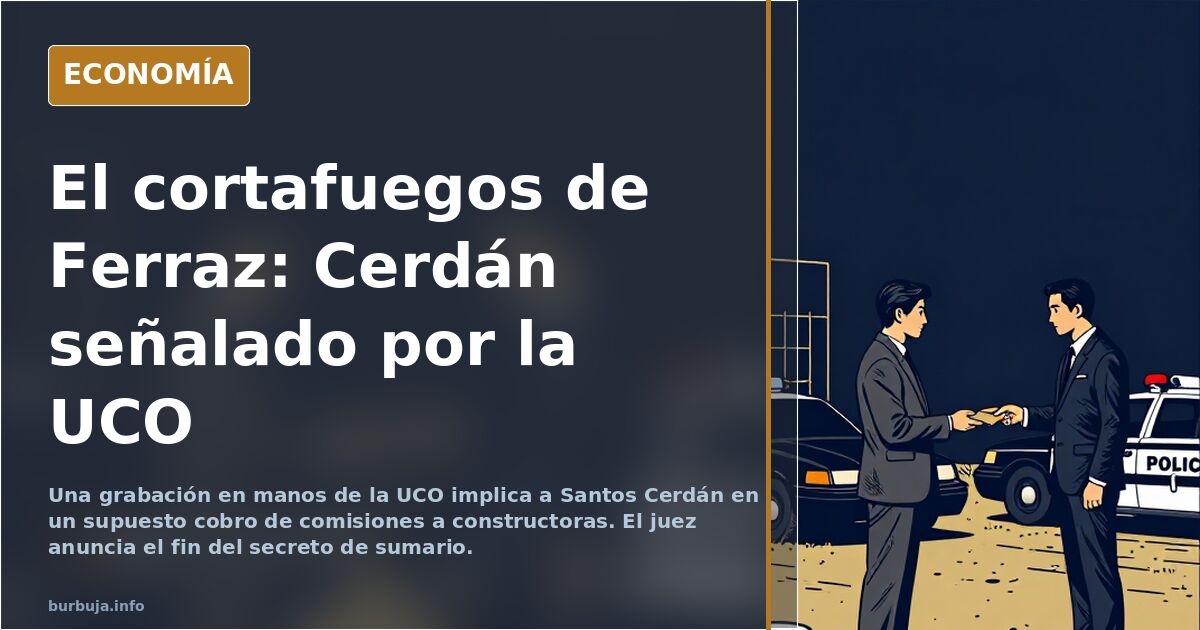 Ilustración editorial sobria en azul marino y oro con una grabadora y documentos del sumario de la UCO sobre una mesa