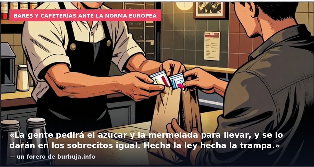 Bares y cafeterías ante la norma europea: «La gente pedirá el azucar y la mermelada para llevar, y se lo darán en los sobrecitos igual. Hecha la ley hecha la trampa.» — un forero de burbuja.info