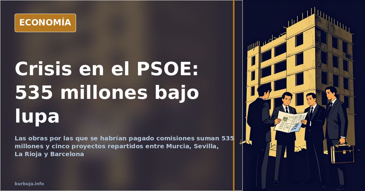 Ilustración editorial sobre la crisis del PSOE y las obras públicas investigadas por presuntas comisiones millonarias