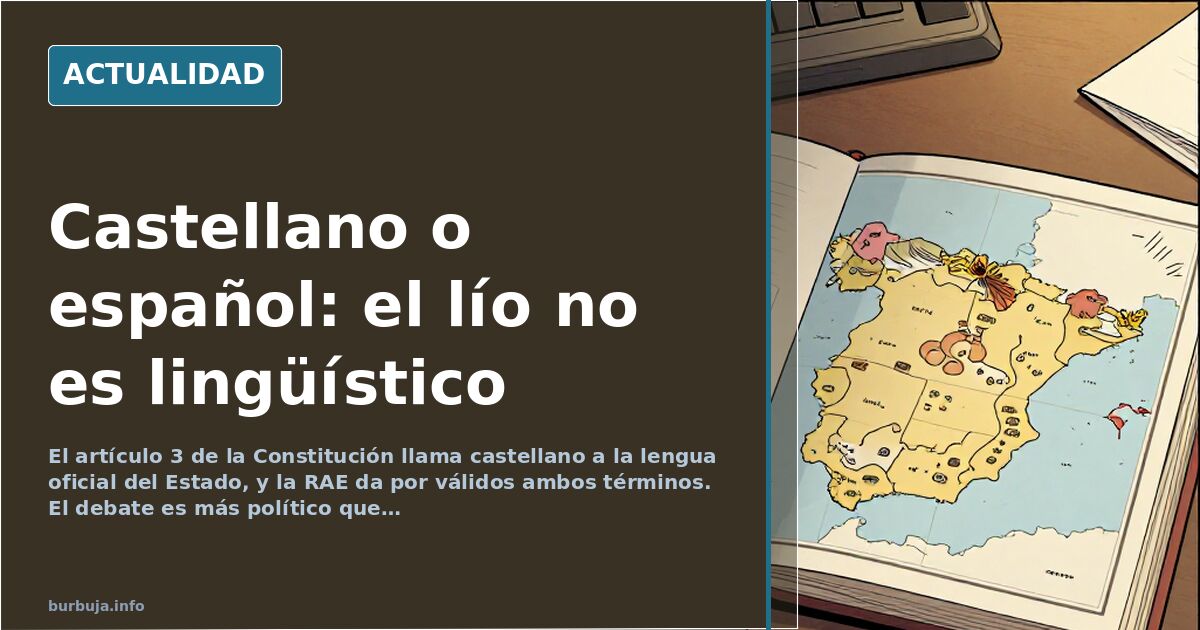 Mapa de España con las lenguas cooficiales señaladas y un diccionario abierto sobre la mesa