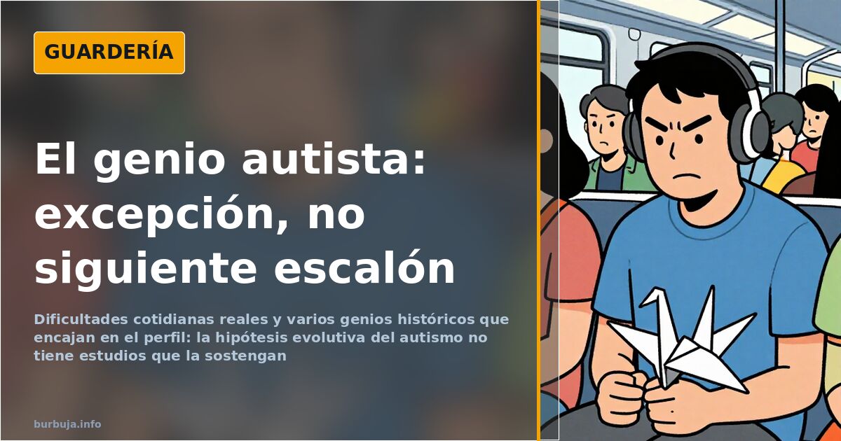 Ilustración de un cerebro con engranajes y una figura pensativa ante una pizarra sobre autismo y evolución humana